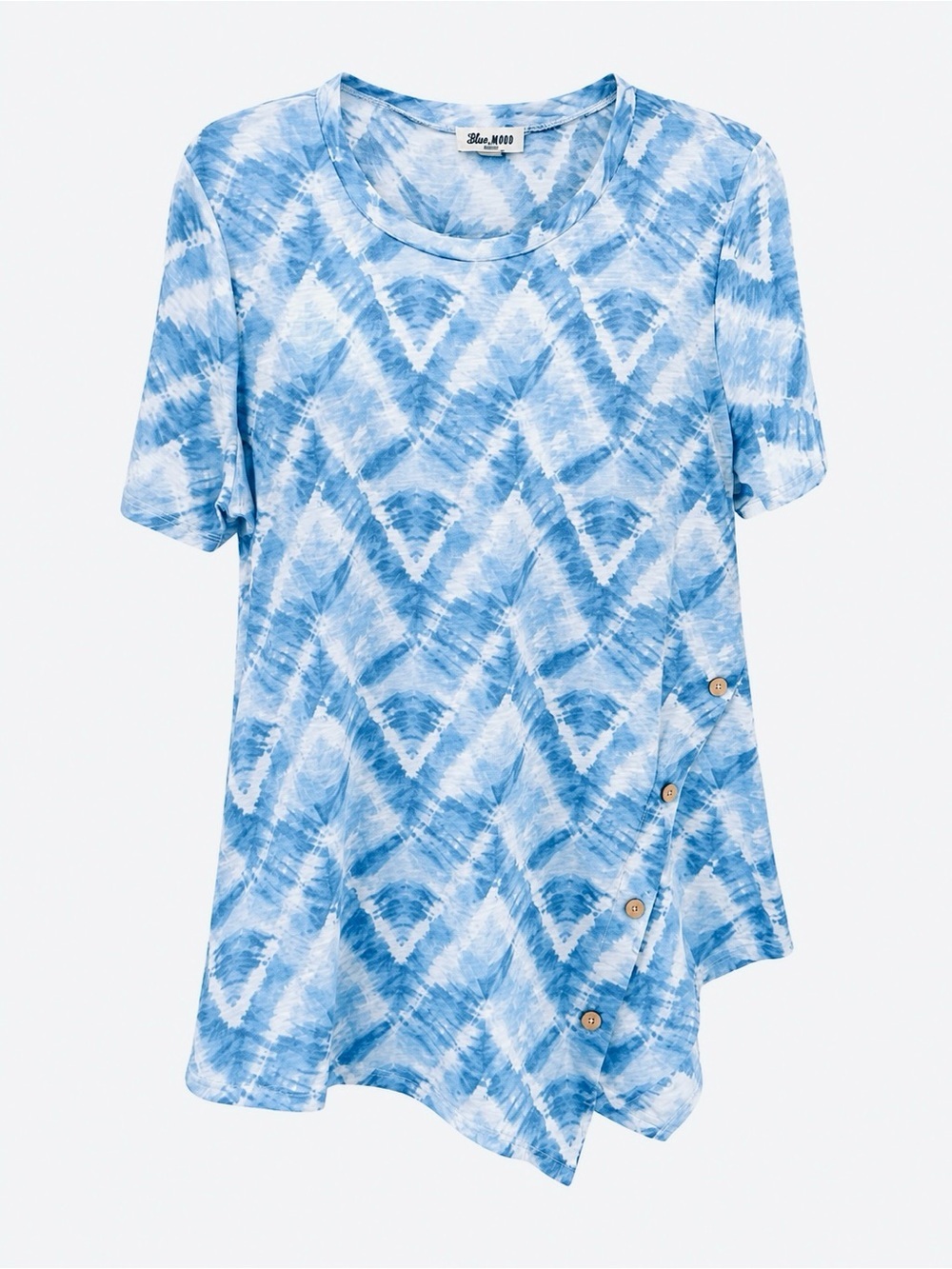 Blue Tie-Dye Short Sleeve Top with Side Button Accent